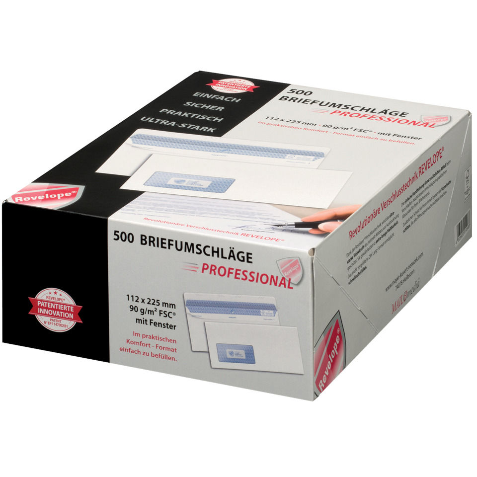 Briefumschlag Revelope® - 112 x 225 mm, m. Fenster, weiß, 90 g/qm, Innendruck, Revelope-Klebung, 500 Stück