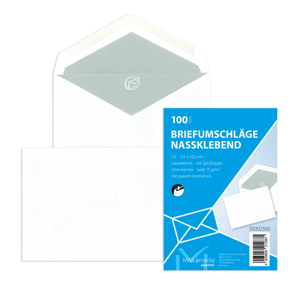 Briefumschläge - C6 (162x114 mm), ohne Fenster, nassklebend, 75 g/qm, 100 Stück