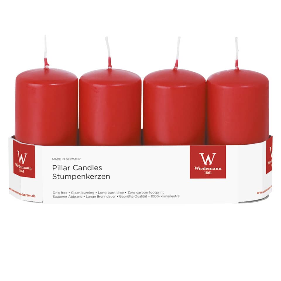 Stumpenkerze - 100 x 50 mm, 4 Stück, rot