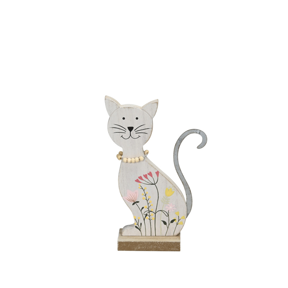 Dekokatze Blumenwiese, 11,5 x 4 x 19 cm, Holz, bunt