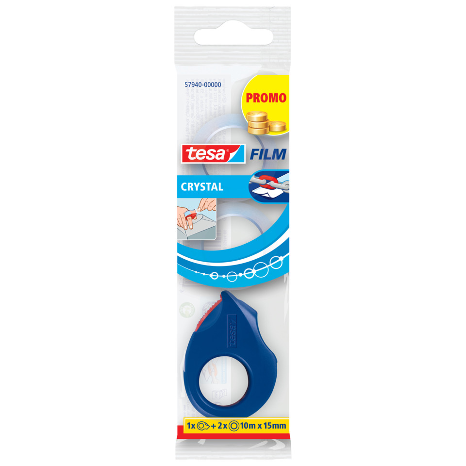 Handabroller Mini - 10 x 15 mm, blau, inkl. 2 Rollen Klebefilm kristall-klar