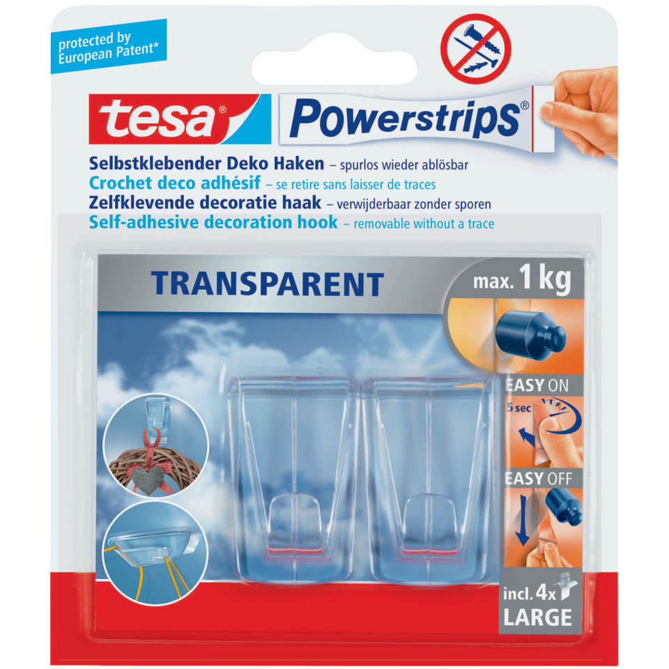 Powerstrips® Deco-Haken XL - ablösbar, Tragfähigkeit 1 kg, transparent