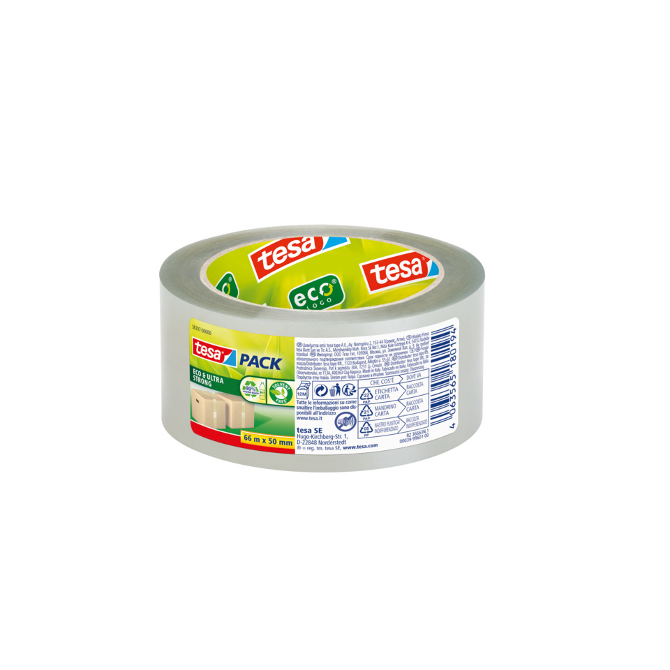 Packband tesapack® Eco & Ultra Strong ecoLogo® - PET, 50 mm x 66 m, transparent