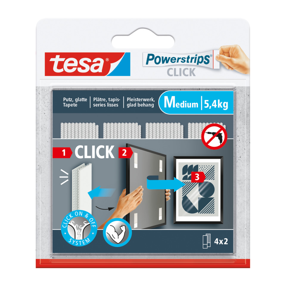 Klettbandstreifen Powerstrips® CLICK, M, 80 x 20 mm, 5,4 kg, schwarz, 4x2 Stück