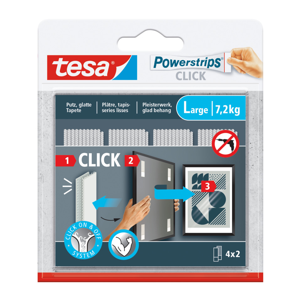 Klettbandstreifen Powerstrips® CLICK, L, 85 x 20 mm, 7,2 kg, schwarz, 4x2 Stück