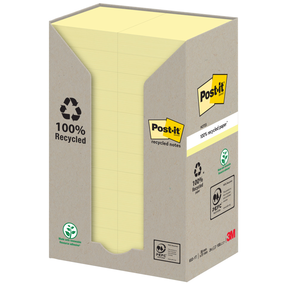 Haftnotiz Recycling Notes, 51 x 38 mm, gelb, 24 x 100 Blatt