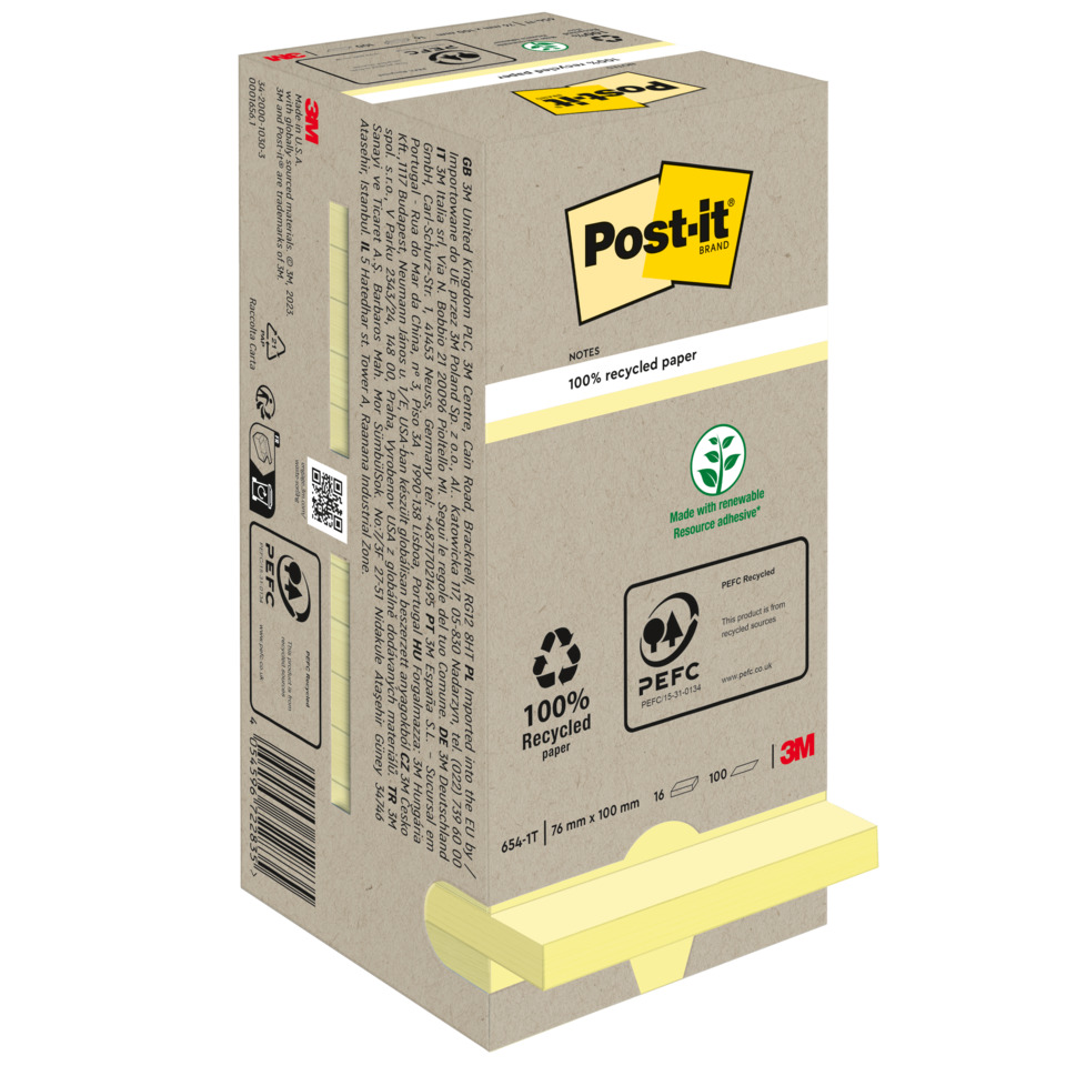 Haftnotiz Recycling Notes, 76 x 76 mm, gelb, 16 x 100 Blatt