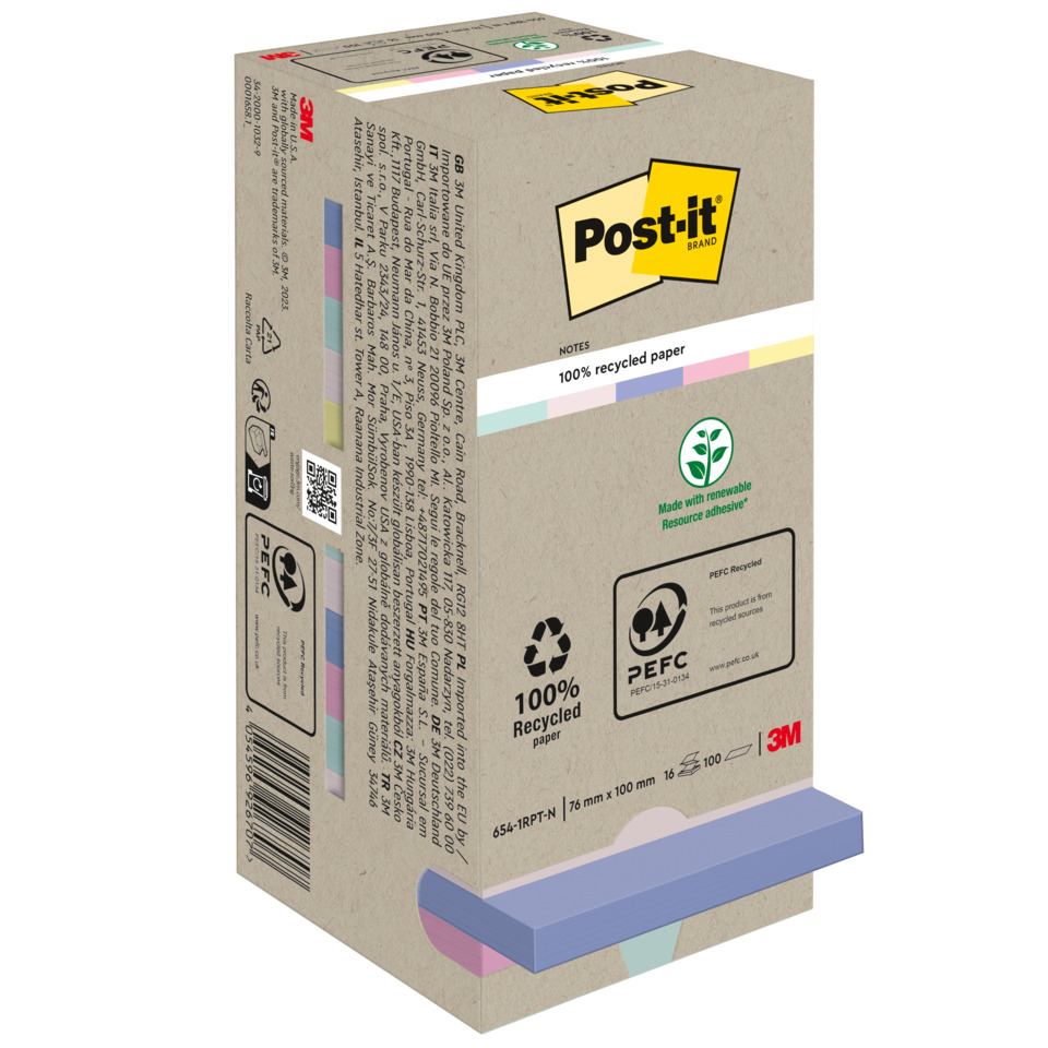 Haftnotizblock Super Sticky Recycling Notes, 76x76mm, 16x100 Blatt, sortiert