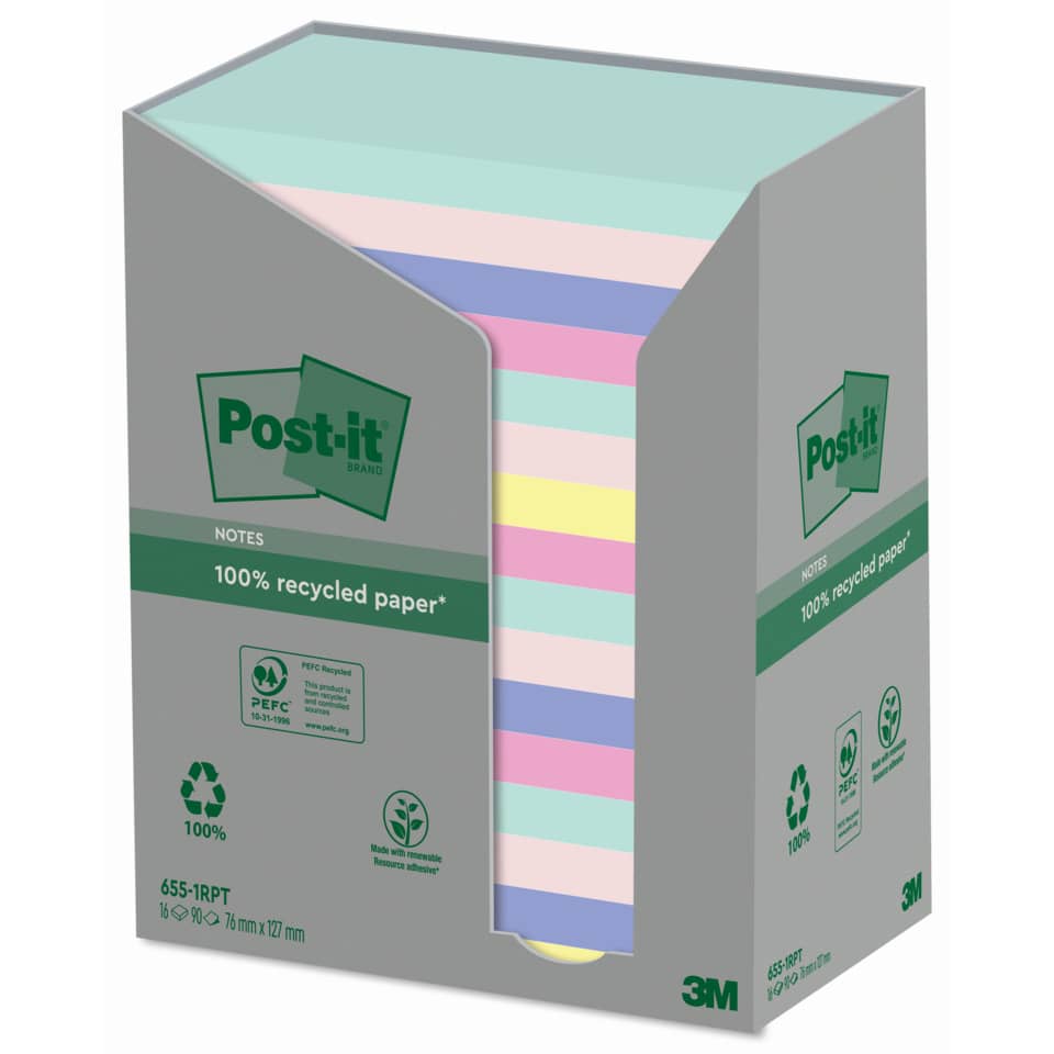 Haftnotizblock Recycling Notes, 127 x 76 mm, sortiert, 16 x 100 Blatt