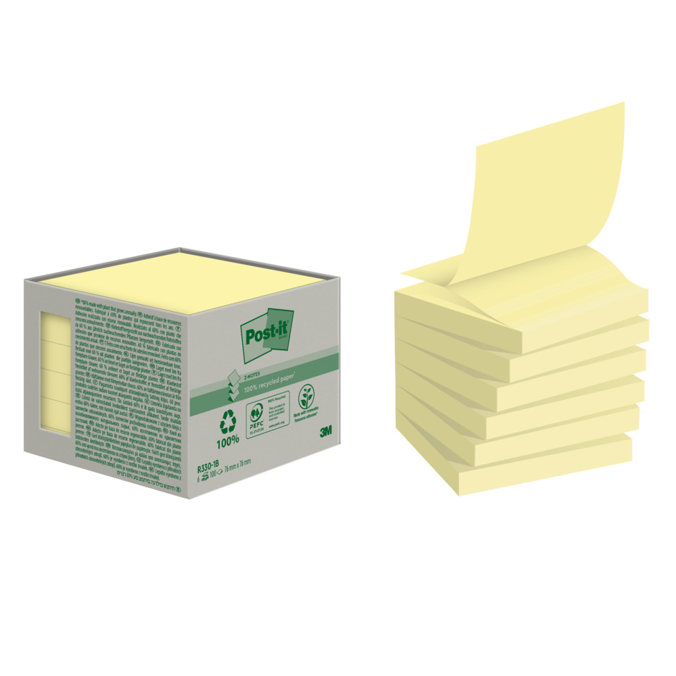 Haftnotizblock Recycling Z-Notes, 76x76mm, 6x100 Blatt, gelb