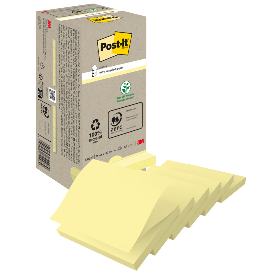 Haftnotiz Recycling Z-Notes, 76 x 76 mm, gelb, 16 x 100 Blatt