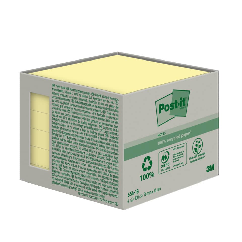 Haftnotizblock Recycling Notes, 76x76mm, 6x100 Blatt, gelb