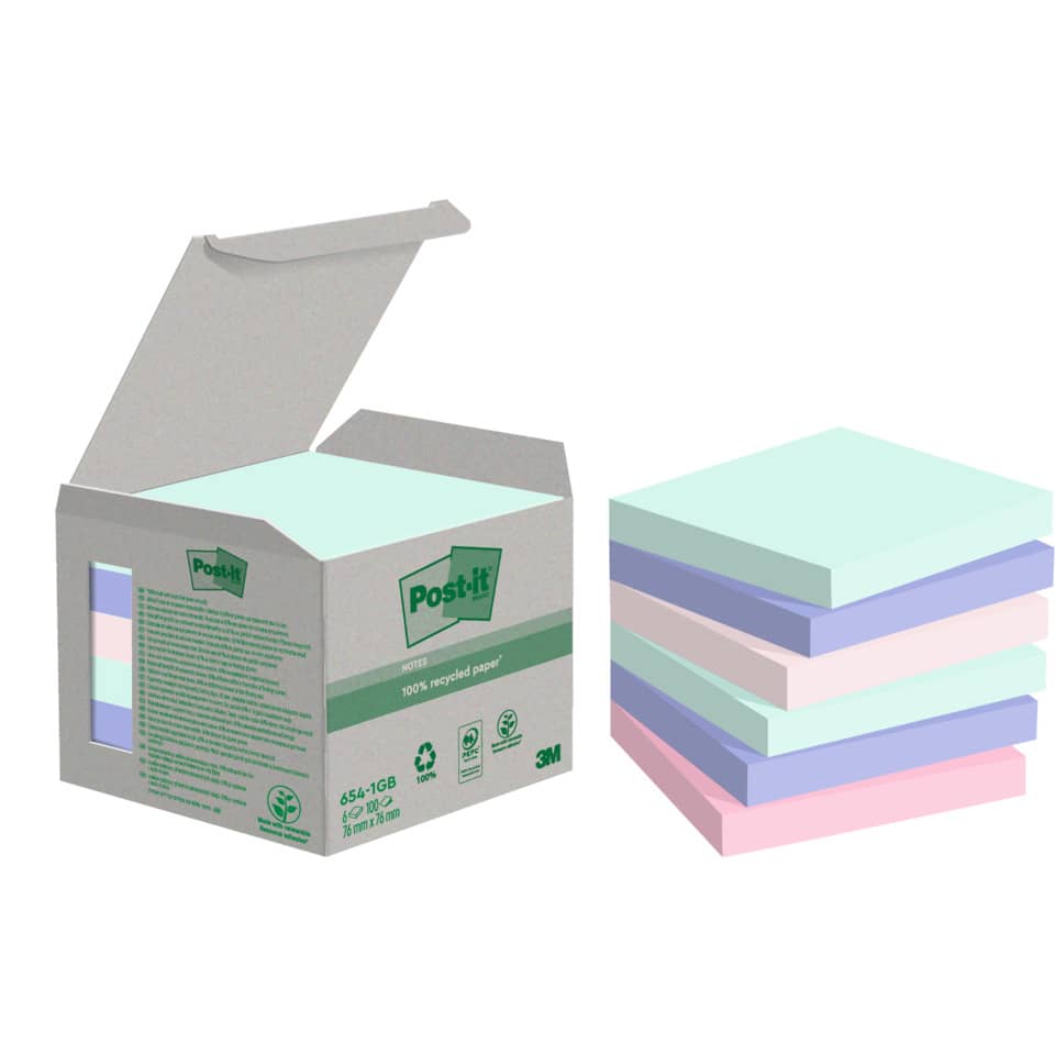 Haftnotizblock Recycling Notes, 76x76mm, Farbe: mint, hellblau, rosa, flamingopink, 6 x 100 Blatt