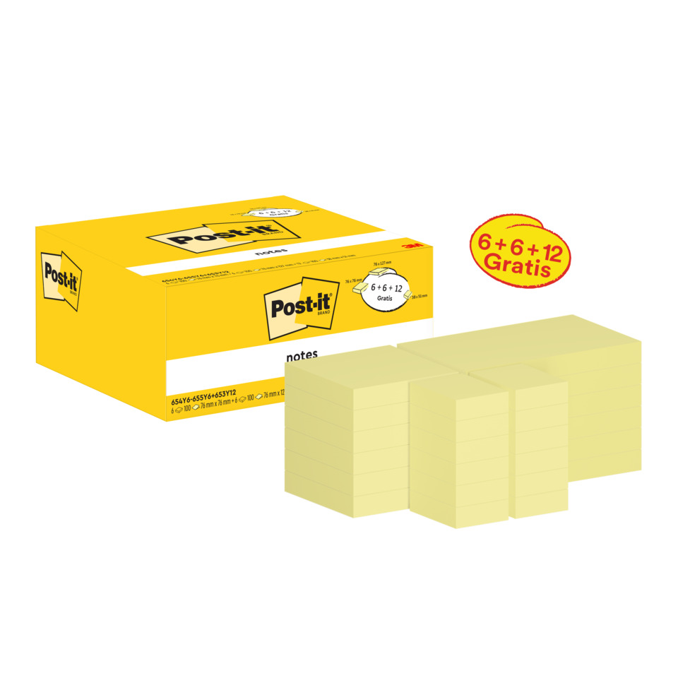 Haftnotizblock Notes Promotion, gelb, 6 x 654 + 6 x 655 + 12 x 653 gratis, (24 Blöcke)