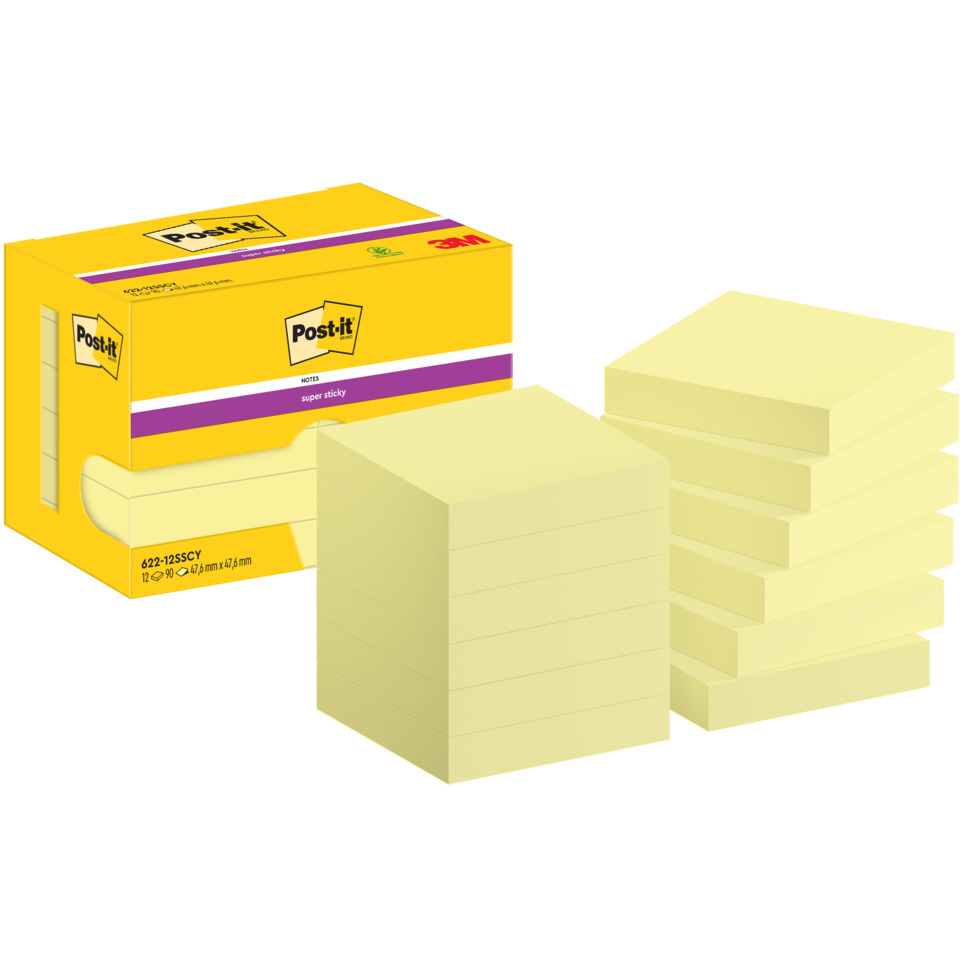 Haftnotizblock Super Sticky Notes, 47,6x47,6mm, 12x90 Blatt, gelb