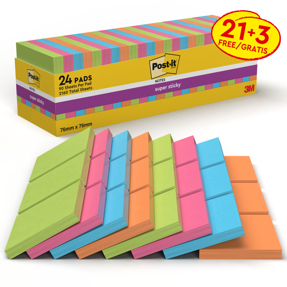 Haftnotizblock Super Sticky, 76x76mm, 24x90 Blatt, sortiert
