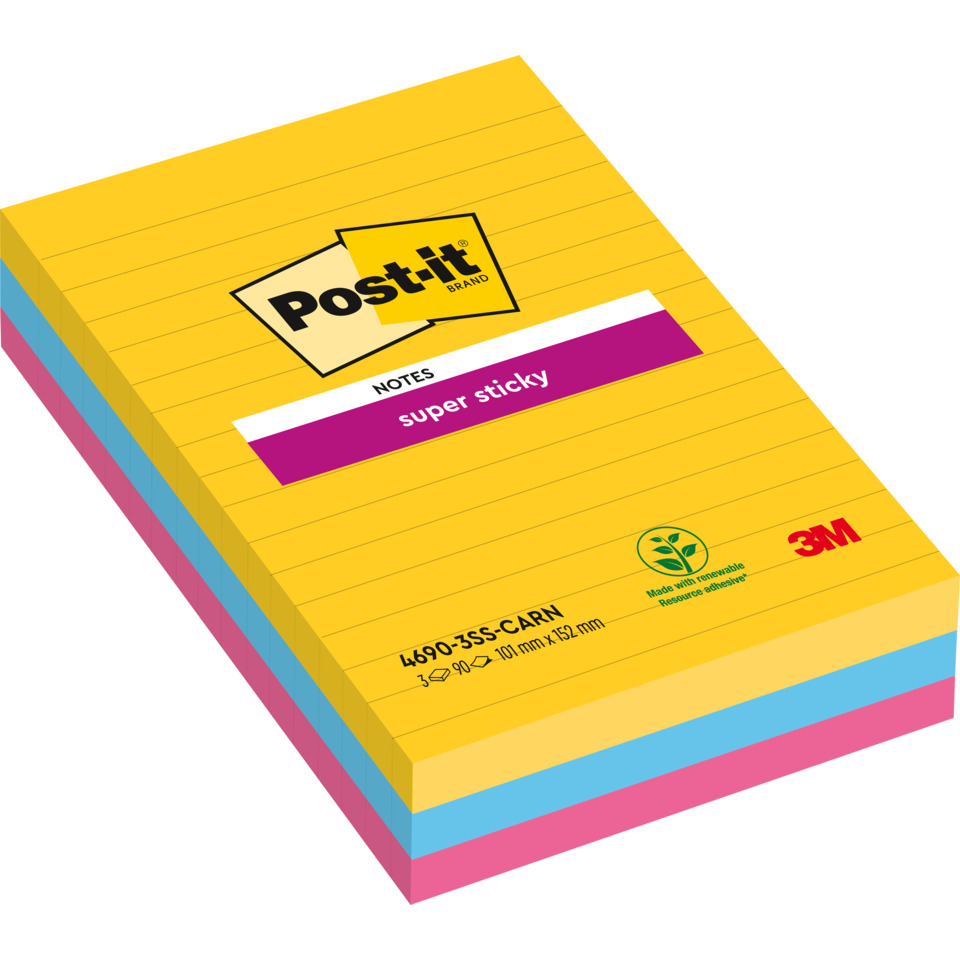 Haftnotizblock Super Sticky Notes Carnival Collection, 101x152mm, 3x90 Blatt, liniert