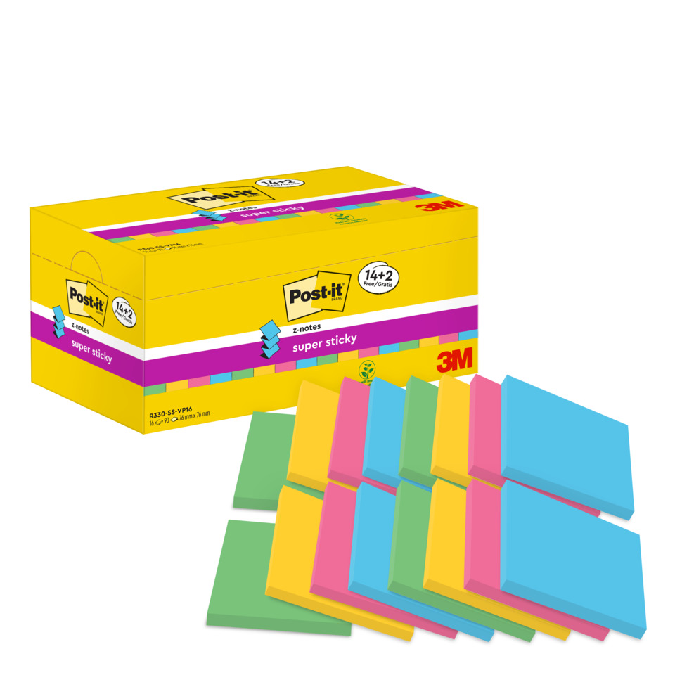 Haftnotizblock Super Sticky Z-Notes, 76x76mm, 16x90 Blatt, sortiert
