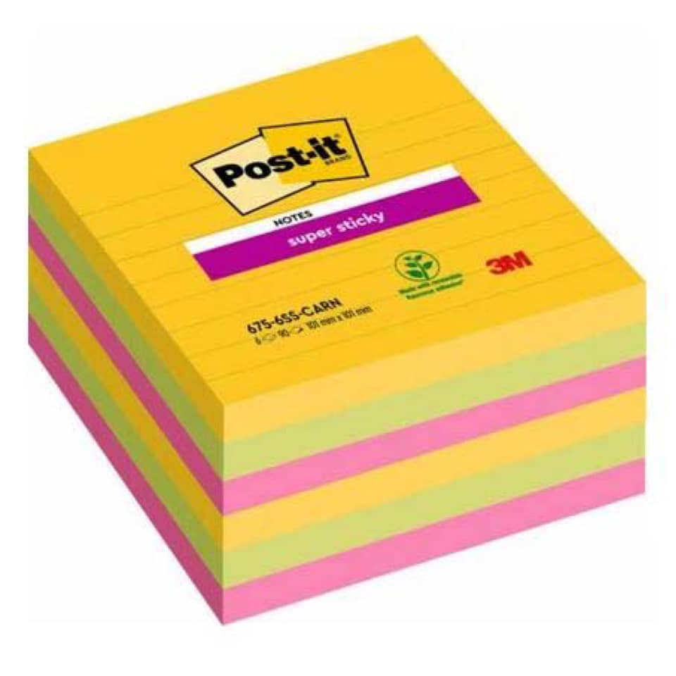 Haftnotizblock Super Sticky Notes Carnival Collection, 101 x 101mm, liniert, 6 x 90 Blatt, sortiert