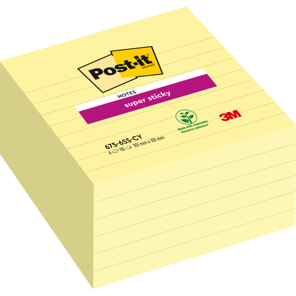 Haftnotizblock Super Sticky Notes, 101 x 101 mm, liniert, gelb, 6 x 90 Blatt