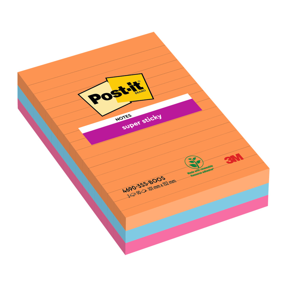 Haftnotizblock Super Sticky Notes , Boost Collection, 101x152mm, liniert, 3 x 90 Blatt