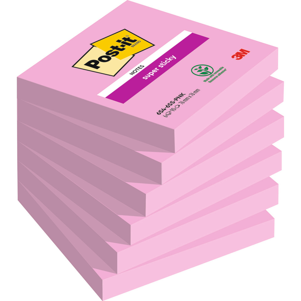 Haftnotizblock Super Sticky Notes, 76 x 76 mm, tropicalpink, 6 x 90 Blatt