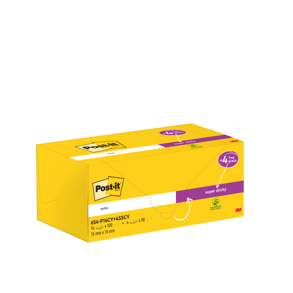 Haftnotizblock Promotion, 76x76mm, 100 Blatt, gelb, 14 Blöcke + 4St S.Sticky gratis