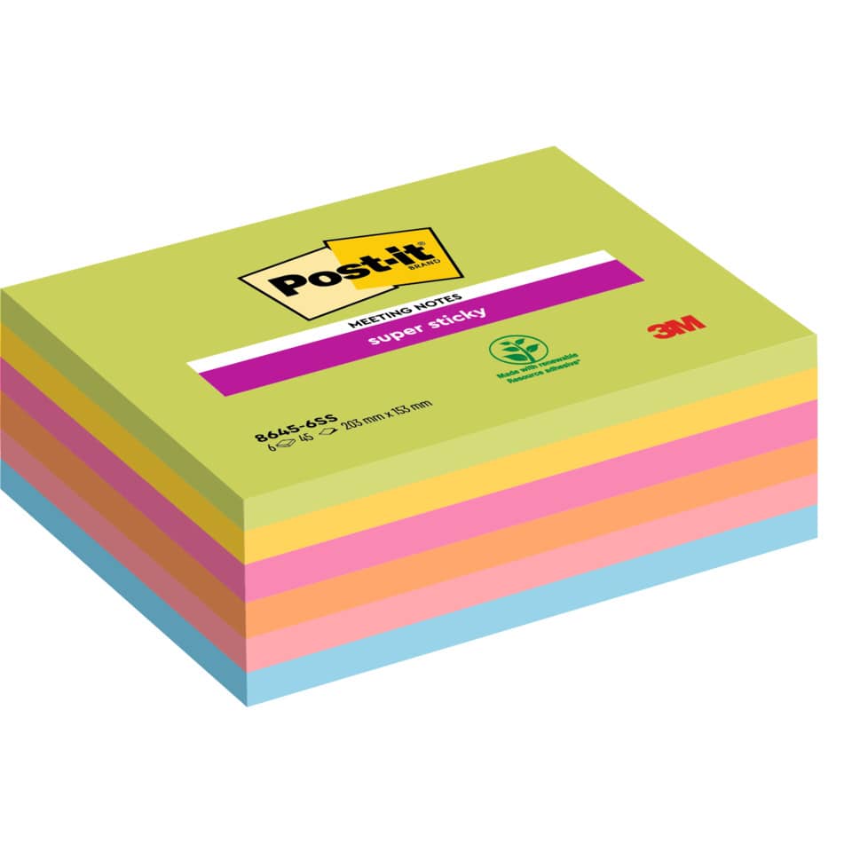 Haftnotizblock Super Sticky Meeting Notes, 203x152mm, 6x45 Blatt, neon