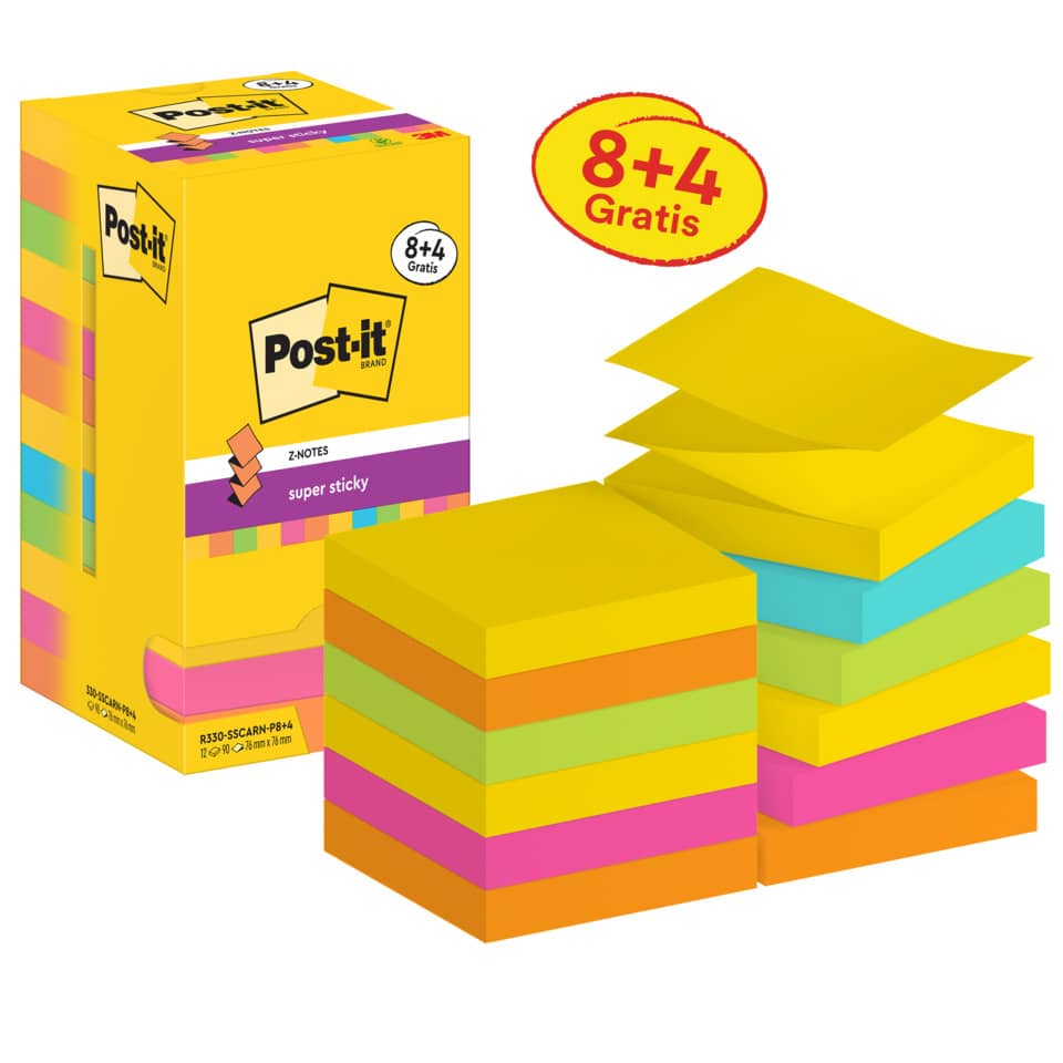 Haftnotizblock Super Sticky Z-Notes Promotion Carnival Collection, 76 x 76 mm, 12 x 90 Blatt