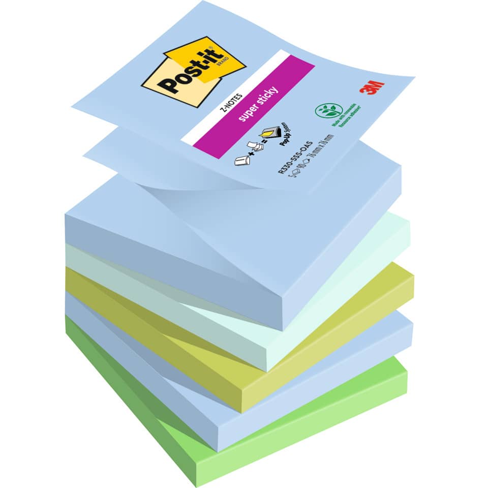 Haftnotizblock Super Sticky Z-Notes Oasis Collection, 76x76mm, 5x90 Blatt, sortiert