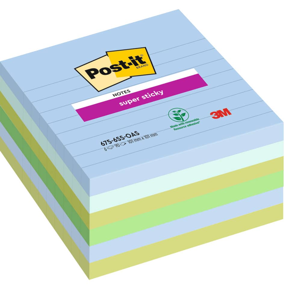 Haftnotizblock Super Sticky Notes Oasis Collection, 101x101mm, 6x90 Blatt, liniert