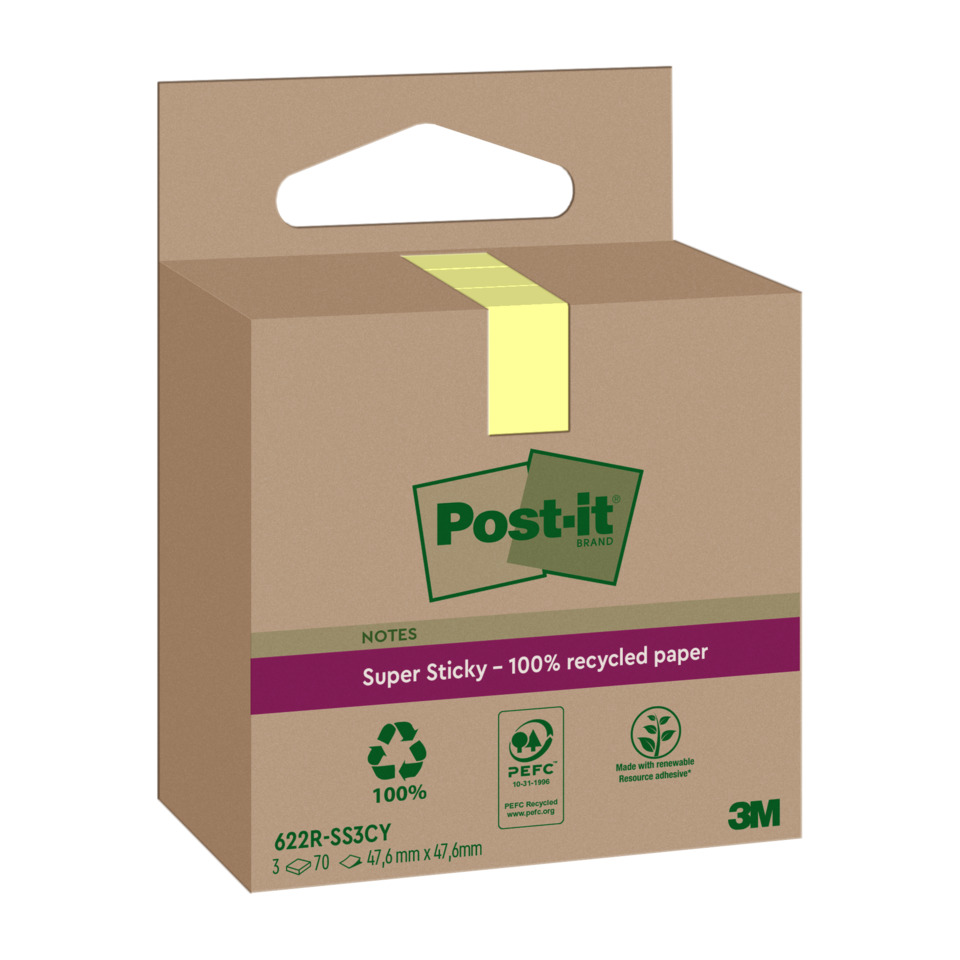 Haftnotizblock Super Sticky Recycling Notes aus 100% recyceltem Papier, 47,6 x 47,6 mm, gelb, 3 x 70 Blatt