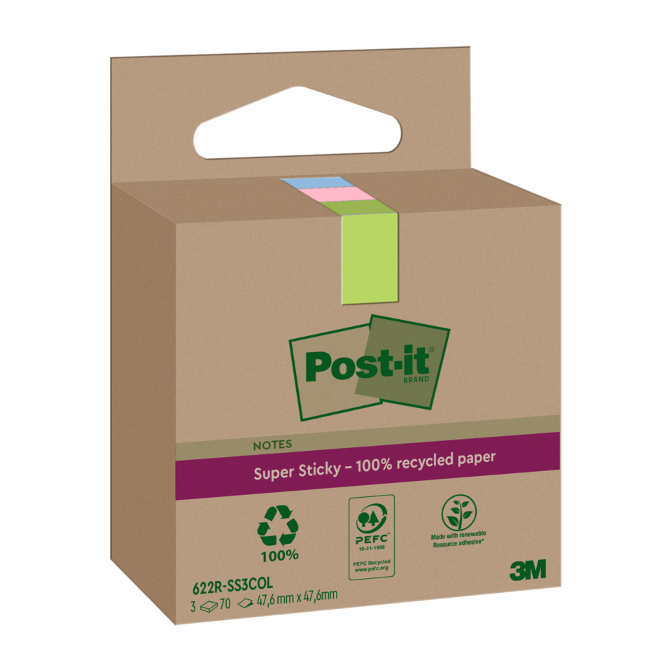 Haftnotizblock Super Sticky Recycling Notes, 47,6 x 47,6 mm, sortiert, 3 x 70 Blatt