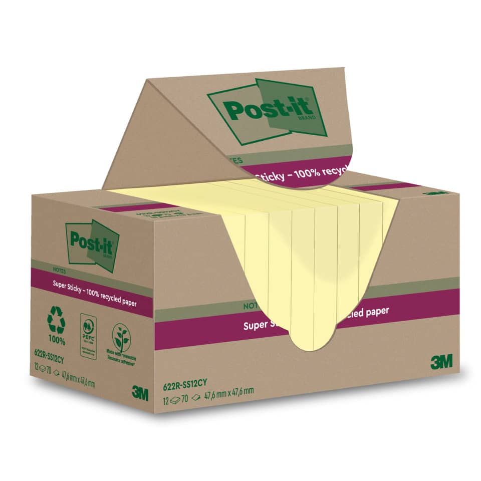Haftnotizblock Super Sticky Recycling Notes, 47,6x47,6mm, 12x70 Blatt, gelb