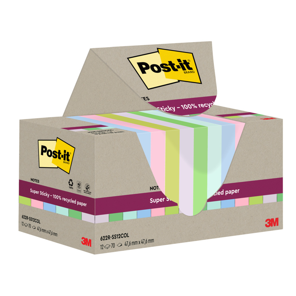 Haftnotizblock Super Sticky Recycling Notes, 47,6x47,6mm, 12x70 Blatt, sortiert