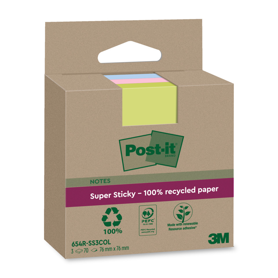 Haftnotizblock Super Sticky Recycling Notes, 76x76mm, 3x70 Blatt, sortiert