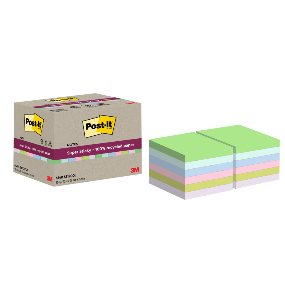 Haftnotizblock Super Sticky Recycling Notes, 76x76mm, 12x70 Blatt, sortiert