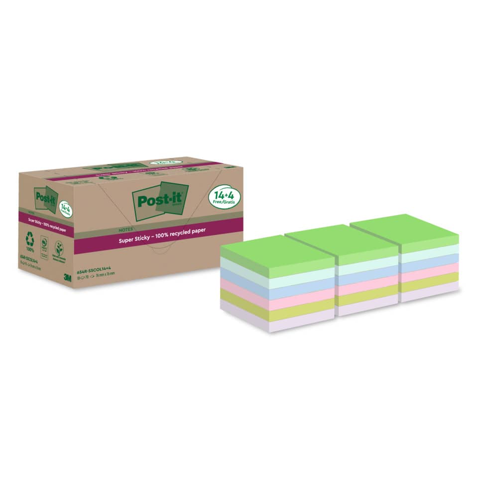 Haftnotizblock Super Sticky Recycling Notes, 76x76mm, 18x70 Blatt, sortiert