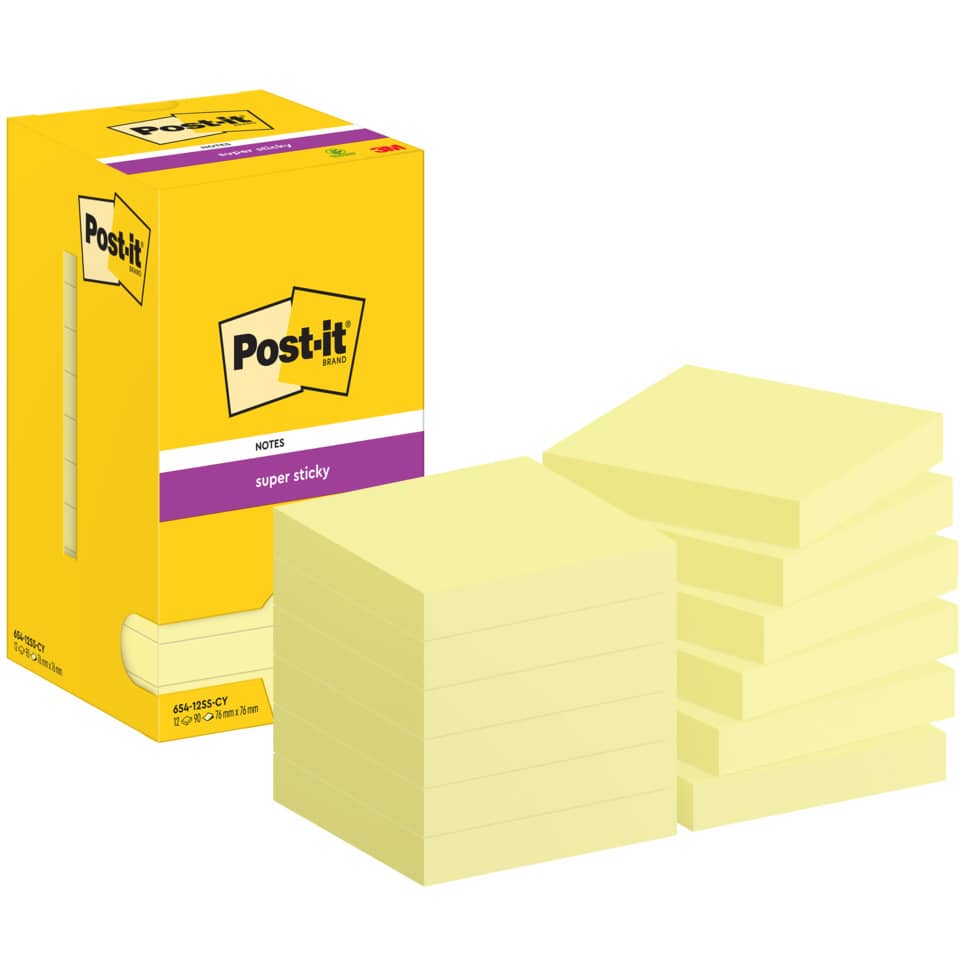 Haftnotizblock Super Sticky Notes, 76x76mm, 12x90 Blatt, gelb