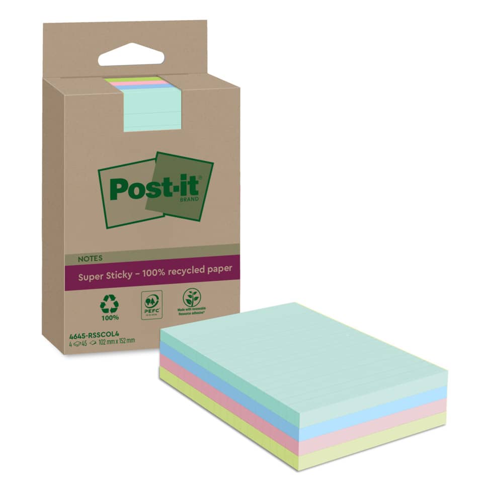 Haftnotizblock Super Sticky Recycling Notes, 102x152mm, liniert, sortiert, 4x45 Blatt