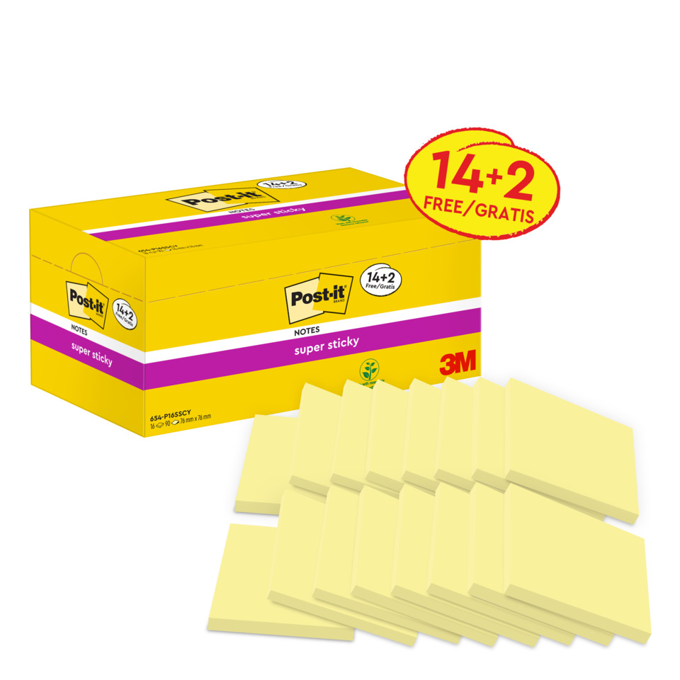 Haftnotizblock Super Sticky Notes Promotion, 76 x 76 mm, gelb, 16 x 90 Blatt