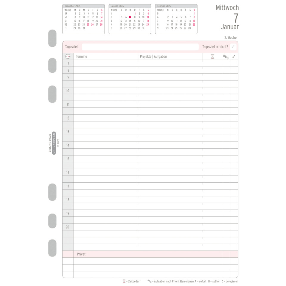 Tagesplan, A5, 2026, Weiß, 148 x 210 mm, Inhalt: 195 Blätter / 1 Stück