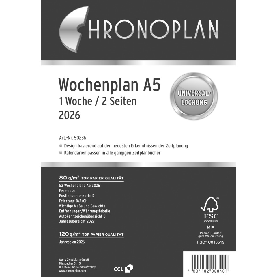 Wochenplan, A5, 2026, Weiß, 148 x 210 mm, Inhalt: 63 Blätter / 1 Stück