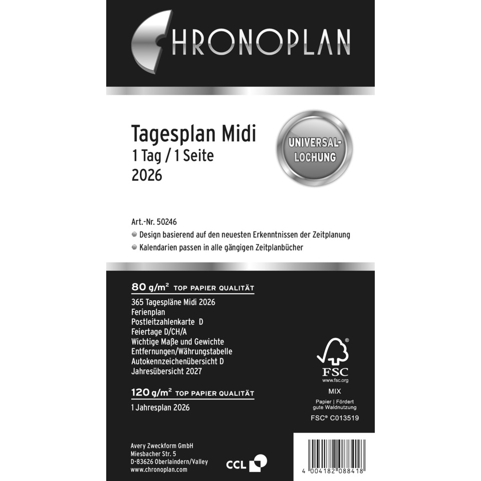 Tagesplan, Midi, 2026, Weiß, 96 x 172 mm, Inhalt: 195 Blätter / 1 Stück