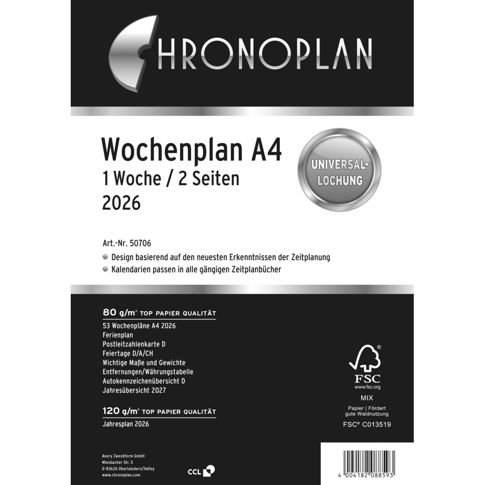Wochenplan, A4, 2026, Weiß, 210 x 297 mm, Inhalt: 62 Blätter / 1 Stück