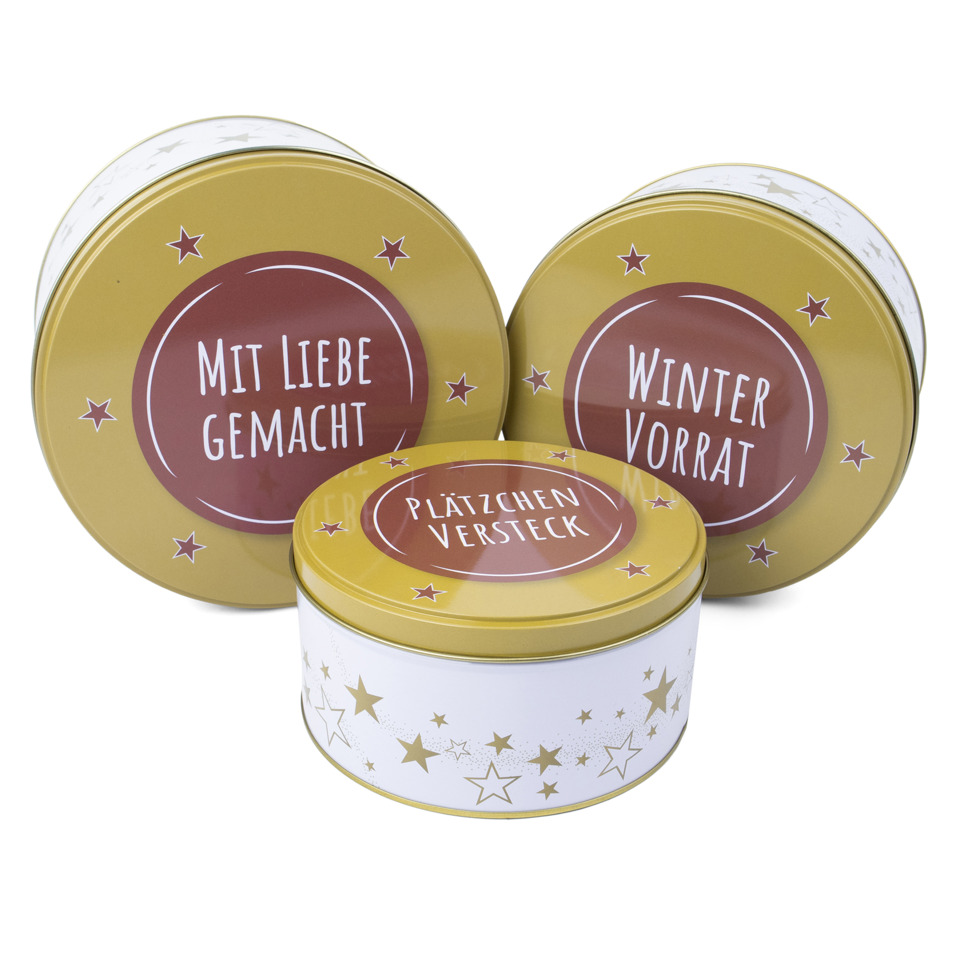 Weihnachtskeksdose, Sprüche, 3 Stück, Metall, weiß