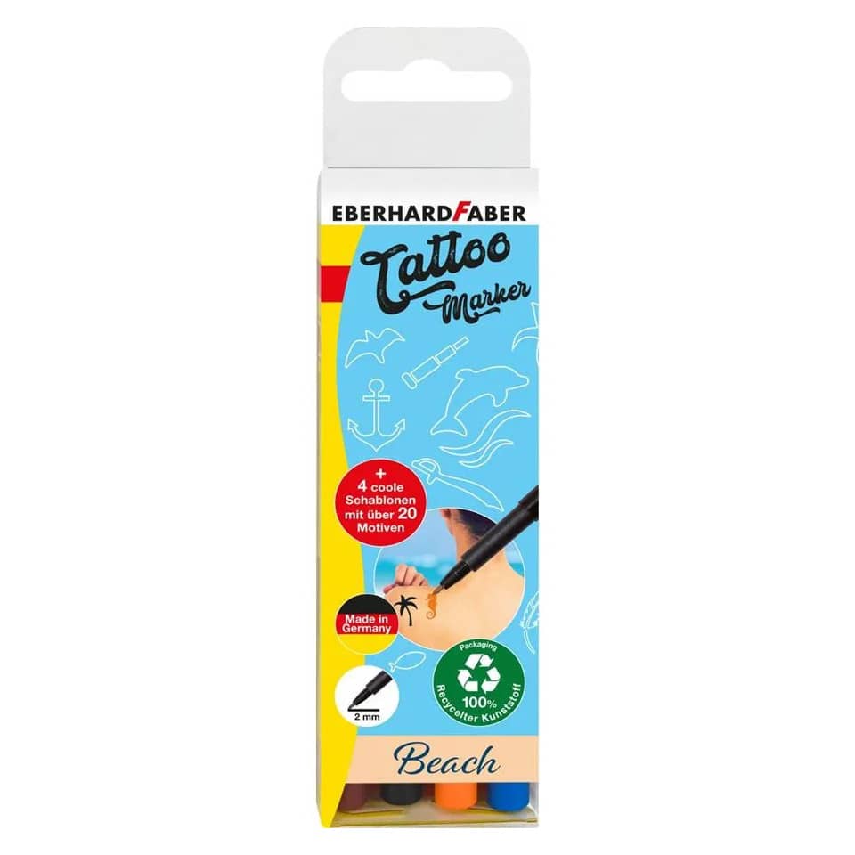 Hautmarker Tattoo Beach - 4er Kartonetui, sortiert, inkl. Schablone