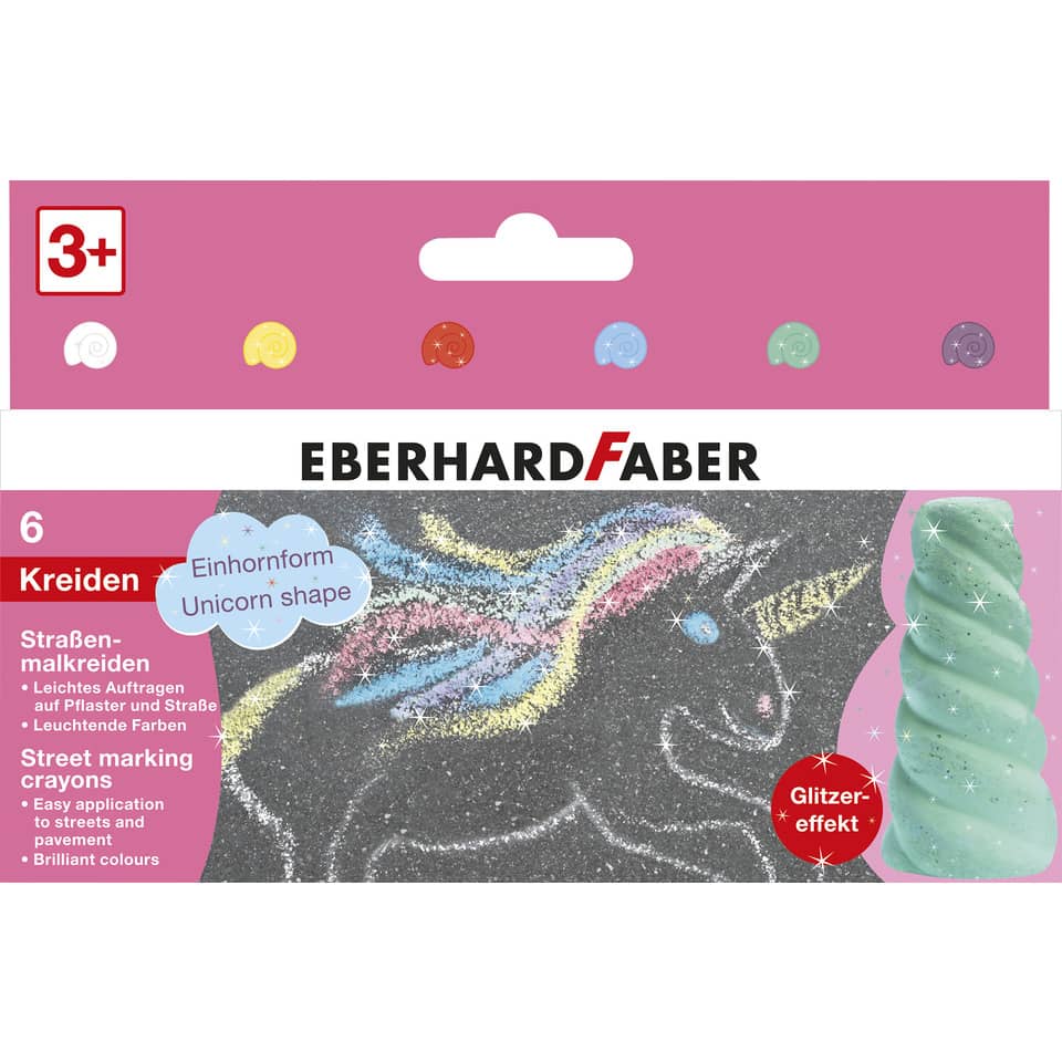 Straßenmalkreide - 6er Kartonetui, Einhornform mit Glitzereffekt