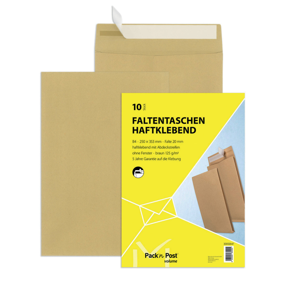 Faltentaschen Recycling - B4, ohne Fenster, 20 mm-Falte, Klotzboden, haftklebend, 130 g/qm, braun, 10 Stück