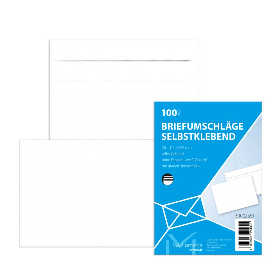 Briefumschläge C6 (162x114 mm), ohne Fenster, selbstklebend, 72 g/qm, 100 Stück